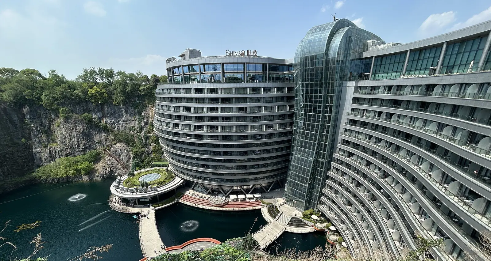 Aerial view of Intercontinental Shanghai Wonderland hotel built into an abandoned quarry in Songjiang District