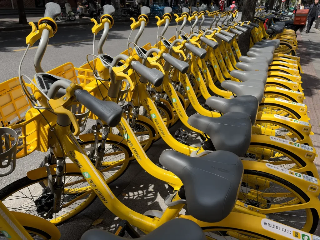 A neat row of Meituan shared bikes in Shanghai