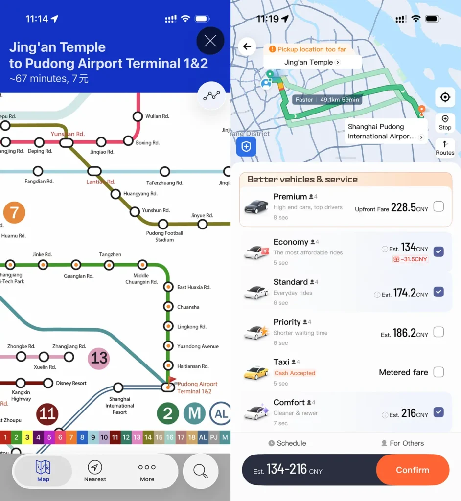 Shanghai subway vs ride hailing price comparison