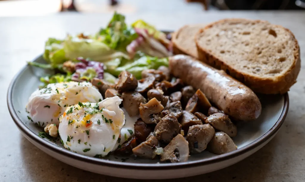 Brunch plate with eggs, mushrooms and sausages at RAC Coffee in Shanghai