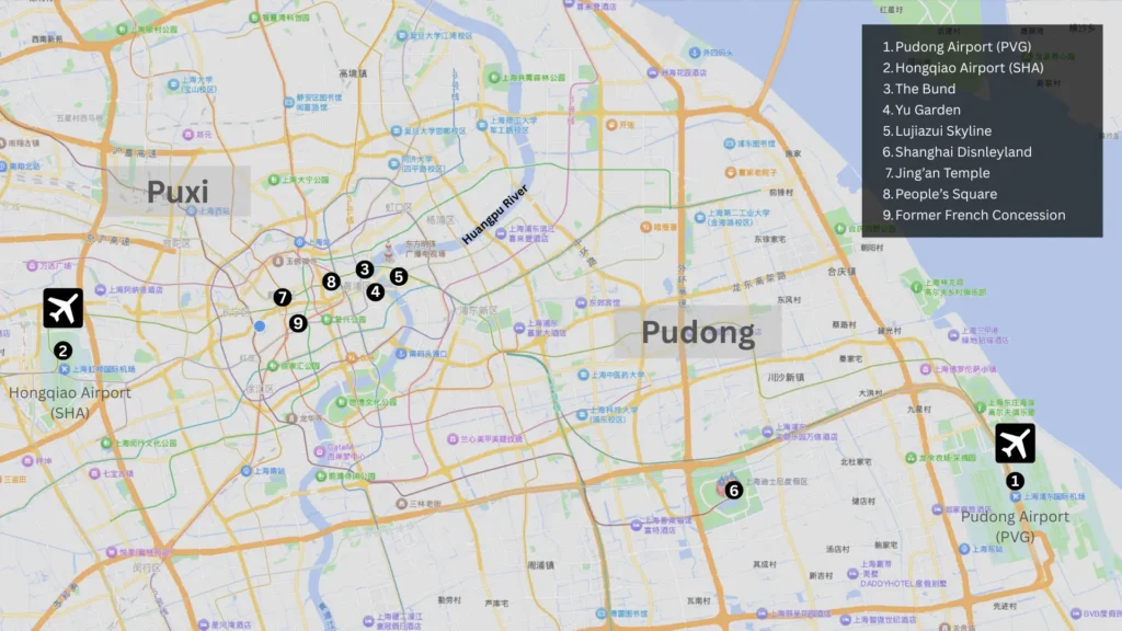 Map of Shanghai showing the locations of Pudong Airport (PVG) and Hongqiao Airport (SHA) relative to the city centre
