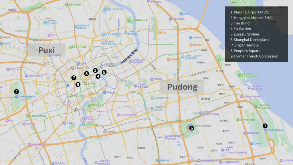 Map showing major Shanghai landmarks including The Bund, Yu Garden, Lujiazui Skyline, People’s Square and Shanghai Disneyland