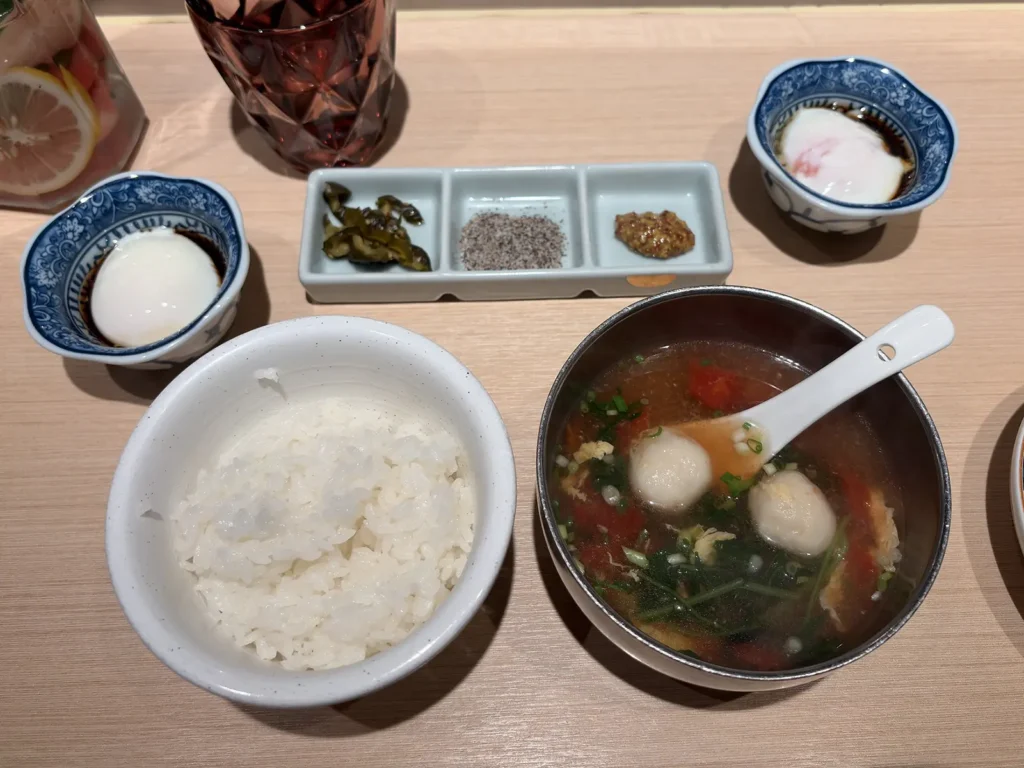 Rice, soup and onsen egg as part of the set meal at Niku Niku Oh!! Kome in Shanghai