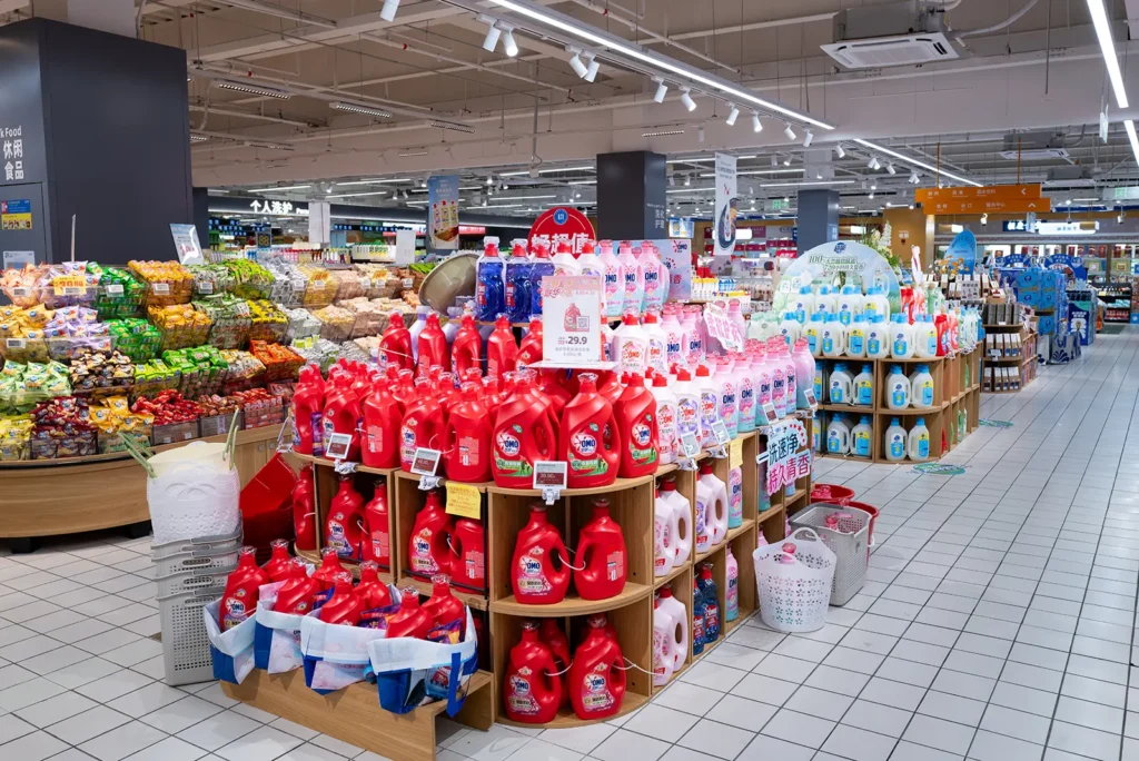 Household cleaning products and laundry detergent on display inside a Century Mart hypermarket in Shanghai