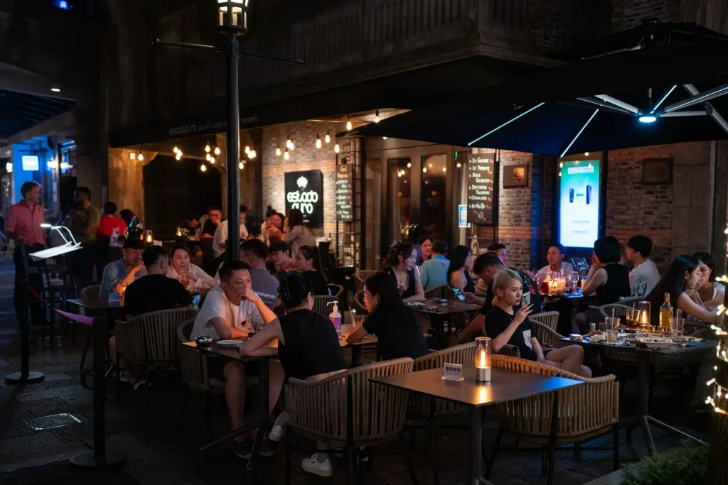 Restaurants and outdoor terraces in Xintiandi, Shanghai, at night