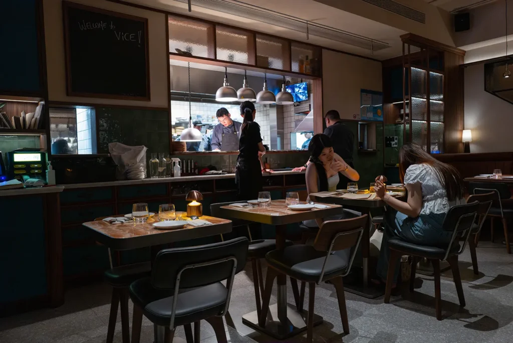 Vice Shanghai ground floor dining area with open kitchen