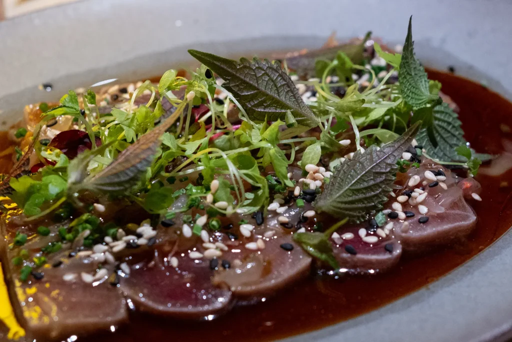 Vice Shanghai Tuna with grapefruit ponzu, sesame oil and shiso leaves